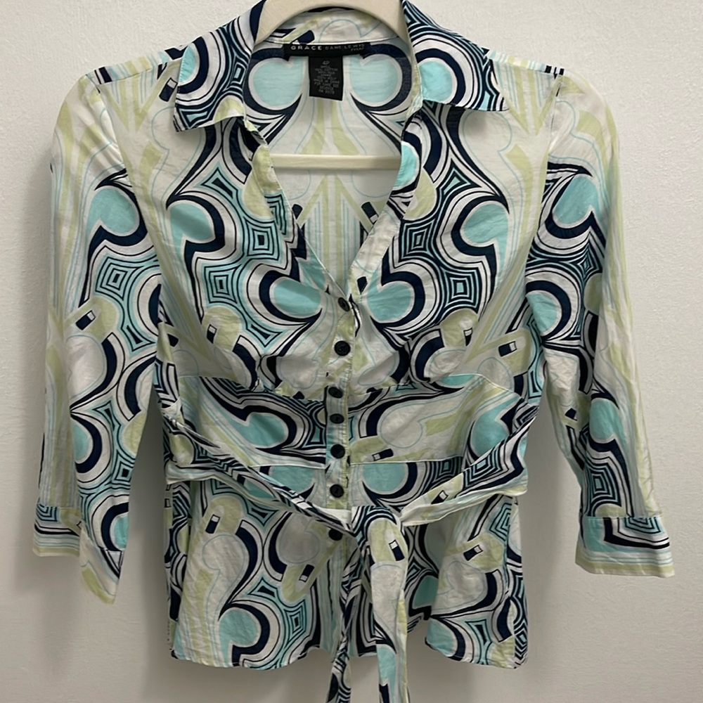 Grace Blouse Cotton/Silk Blue/Green/White Size 4P Excellent Used Condition
